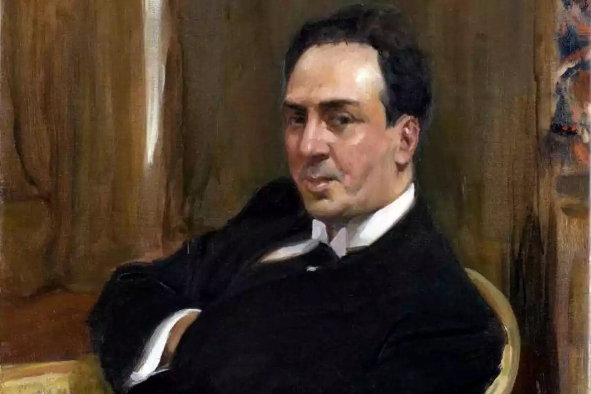 Un cuadro representando a Antonio Machado sentado y mirando fijamente
