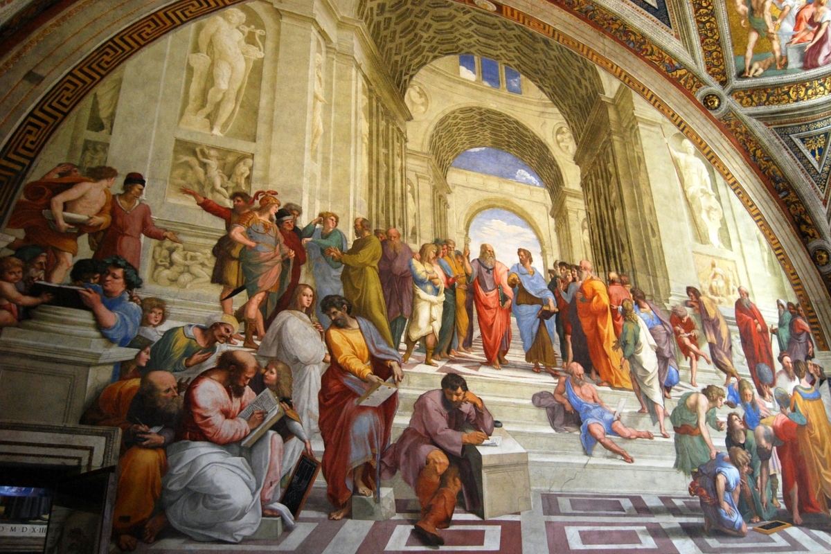 Fresco de la Ciudad del Vaticano con la representación de la Escuela de Atenas y sus integrantes